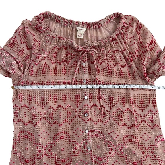 Sundance Cream Red Silk Velvet Burnout Peasant Sheer Button Blouse Size L - Picture 10 of 10